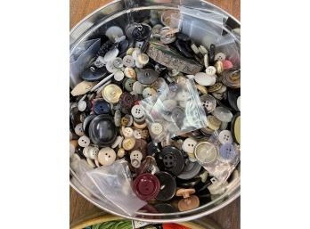 Large Tin Button Lot And Embroidery Floss In Vintage Tins