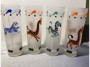 Lot Of 4 Vintage Animal Themed Tall Drinking Glasses / Glass Set