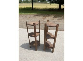 Pair Of Wood Hart Tables / Plant Stands -  Lot Of Two