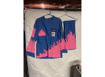 Vintage Racing Shirt Top And Pants Patches Pink And Blue Flames
