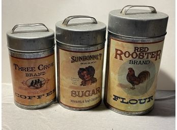 Lot Of Three Metal Vintage Style Canister Set Flour Sugar Coffee