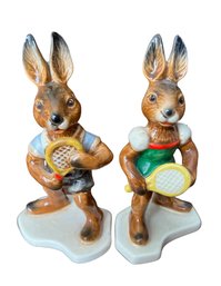 Pair Of Goebel Porcelain Rabbit Tennis Player Figurines