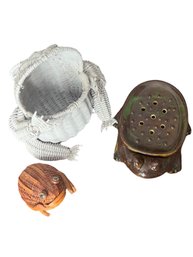 Vintage Ceramic And Wicker Frog Lot, Soap Dish, Trinket Box, Planter
