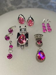 2 Pink Gem Pendants, 2 Pairs Of Pink Gem Earrings & A Pair Of Pink Gem Clip-ons