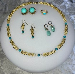 14K Turquoise Ring, Gold Tone Necklace With Matching Earrings & More