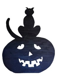 4ft Tall! Carved Wood Shadow Cut Out Of Cat Sitting On Jack-O-Lantern
