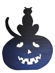 4ft Tall! Casts A Huge Shadow On Wall! Or Hang! Carved Wood Shadow Cut Out Of Cat Sitting On Jack-O-Lantern