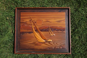 Robert W. Johnson Contemporary Art In Wood Marquetry Of Sail Boats Amidst A Sunset Jaunt
