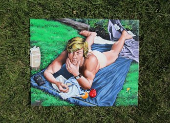 Signed Rick Chris '01 Nude Blond Man Picnicking Acrylic Painting
