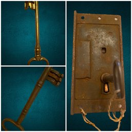 Antique Lock And 5 In Skeleton Key, 5 In Cast Iron Skeleton Key, 9.25 In Brass Tone Key