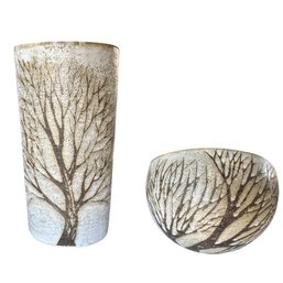 Two Piece, Vase And Bowl, Pottery, Tree