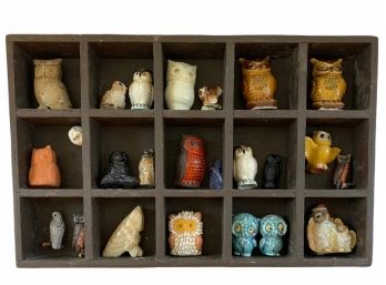 Collection Of Owl Trinkets In Vintage Shelf