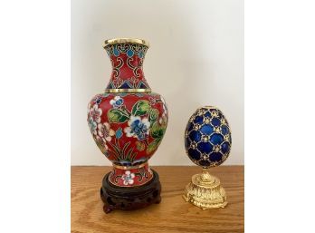 Cloisonne  Vase Accompanied By Decorative Blue Egg