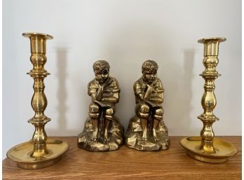 Brass Candle Sticks And Pair Of Thinking Bookends