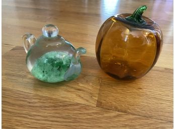 Shamrock Paperweight Tea Pot And Blown Glass Pumpkin Lot