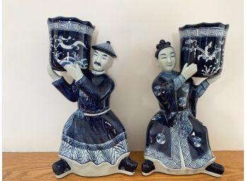 Pair Of Planters, Blue And White Asian Men Holding Pots