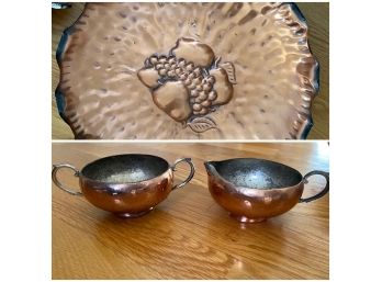 Copper Lined Fruit Bowl, Handmade Cramer & Sugar Bowl 1948