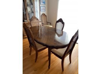 Vintage Pecan And Cane Dinning Table And Six Chairs. Two Leafs, Table Covers