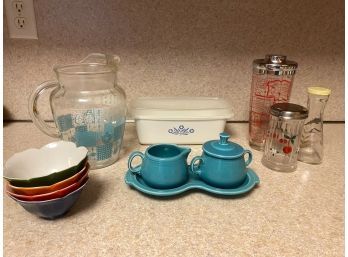 Vintage Kitchy Lot Includes Fiesta Ware, Bar Shaker, Pitcher