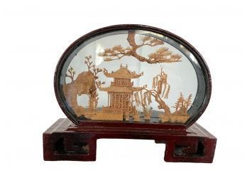 Asian Delicate Cork Art In Double Sided Glass Frame