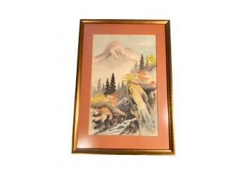 Signed Watercolor Of Asian Mountain