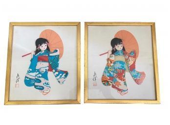 Pair Of Geisha Girls Framed Fabric Art