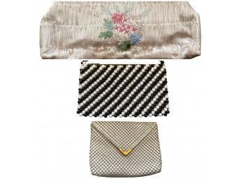 Three Piece Vintage Bag Lot, Natural Materials Japanese Clutch, Metal Beads Clutch W/ Strap, Black/white Bead