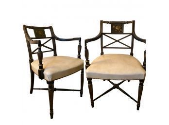 PAIR: Regency Hand Painted Black Lacquer With Off White Leather
