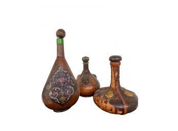 3 Decanters With Handmade Italian Leather Overlay,  Purchased In Italy 60 Years Ago.