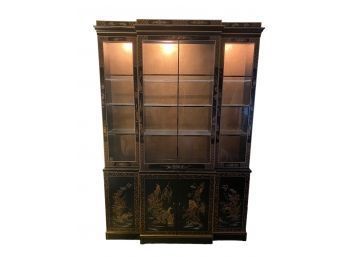 Drexel Black Lacquer Chinoiserie Breakfront China Cabinet