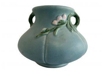 Weller Pottery, Blue Pot/vase With Purple Flowers & Leaves On The Side