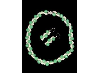 Green Beads Intertwined With Faux Pearls And Silver Balls With Matching Dangle Earrings