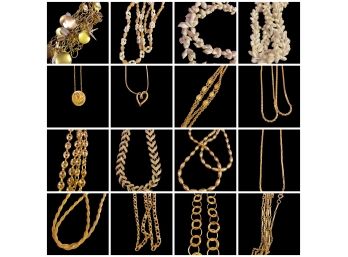 Golden Beach Necklace Lot, Collection 20 Gold Tone & Beach Themed Necklaces