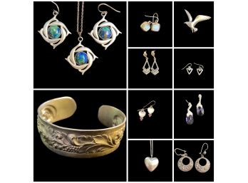 Sterling Silver & Pewter Jewlery Lot Includes Azurite Stones, Opal Earrings, Abalone Shells