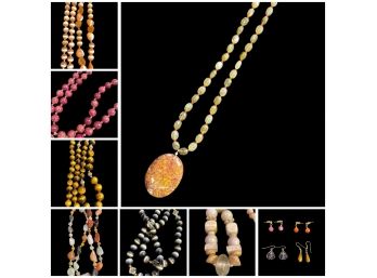 Natural Stone Necklace Lot Includes Graduated Quality Tigers Eye, Agate Pendant, Crystal Quartz