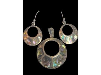Abalone Shell In Sterling Silver Pendant And Earrings