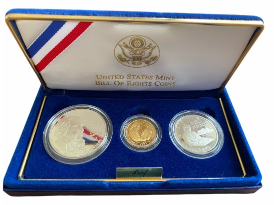 United States Mint Bill Of Rights Coins, .76 Troy Ounce Silver Dollar, .24 Troy Ounce Five Dollar Gold Coin, &