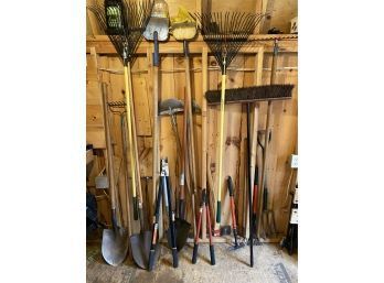 Lot Of Garden Tools, Rakes, Shovels, Ax, Trimmers