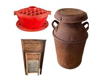 Antique Lot, Metal Milk Can, Small Cast Iron Pot, 2 Washboards