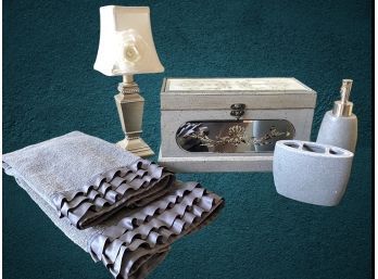 Gray Bathroom Lot With Night Lamp, Mirrored Storage Box, Ruffled Hand Towels