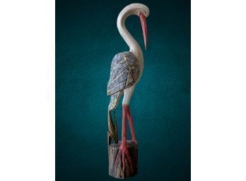 Carved Light Wood Pelican On Sea Stump (23 In Tall)
