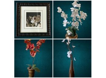 Orchid Lot, Three Faux Orchid And One Framed Photo Of Orchid