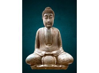 Meditating Buddha Is 21 Inches In Brushed Silver Tones With Light Rainbow Sheen