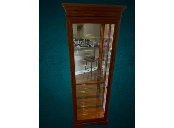 Lighted Oak Curio W/ Mirrored Back And Gliding Door