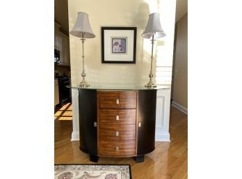 Oval Glass Top Credenza With Enclosed Side Shelves & Four Drawers