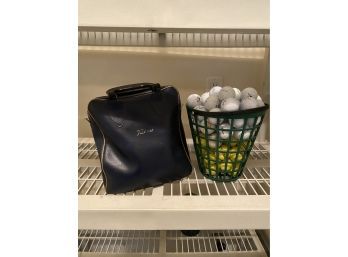 Bucket Of Golf Balls With Vintage Leather Titleist Bag