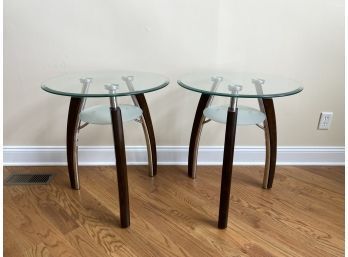 Pair Of Sleek Line With Second Frosted Glass Shelf End Tables