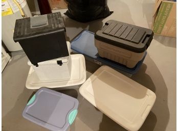 Collection Of Plastic Bins, 2 File Boxes, Under The Bed & Rugged