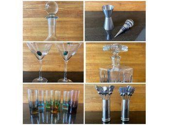 Bar Lot, 2 Decanters, Martini Glasses With Olive Picks, Shot Glasses, Blown Glass Wine Stopper, Shot Measure