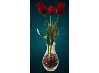 Like They Are Real.Red Tulips In Slant Top Vase With Bubble Beads
